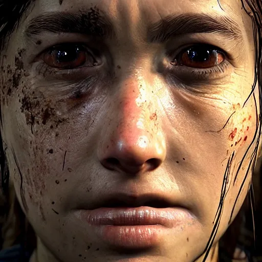 Prompt: an amazing photo, extreme close-up of the face of an older ellie from The last Of Us, award winning photo, very detailed, cinematic, beautiful lighting effects