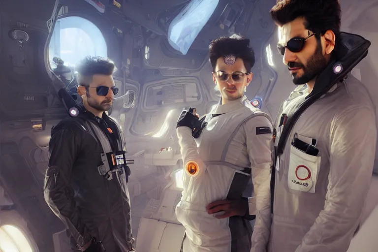 Image similar to Sensual good looking pale young Indian doctors wearing Deus Ex Mankind Divided clothing in a space station above Earth, portrait, elegant, intricate, digital painting, artstation, concept art, smooth, sharp focus, illustration, art by artgerm and greg rutkowski and alphonse mucha