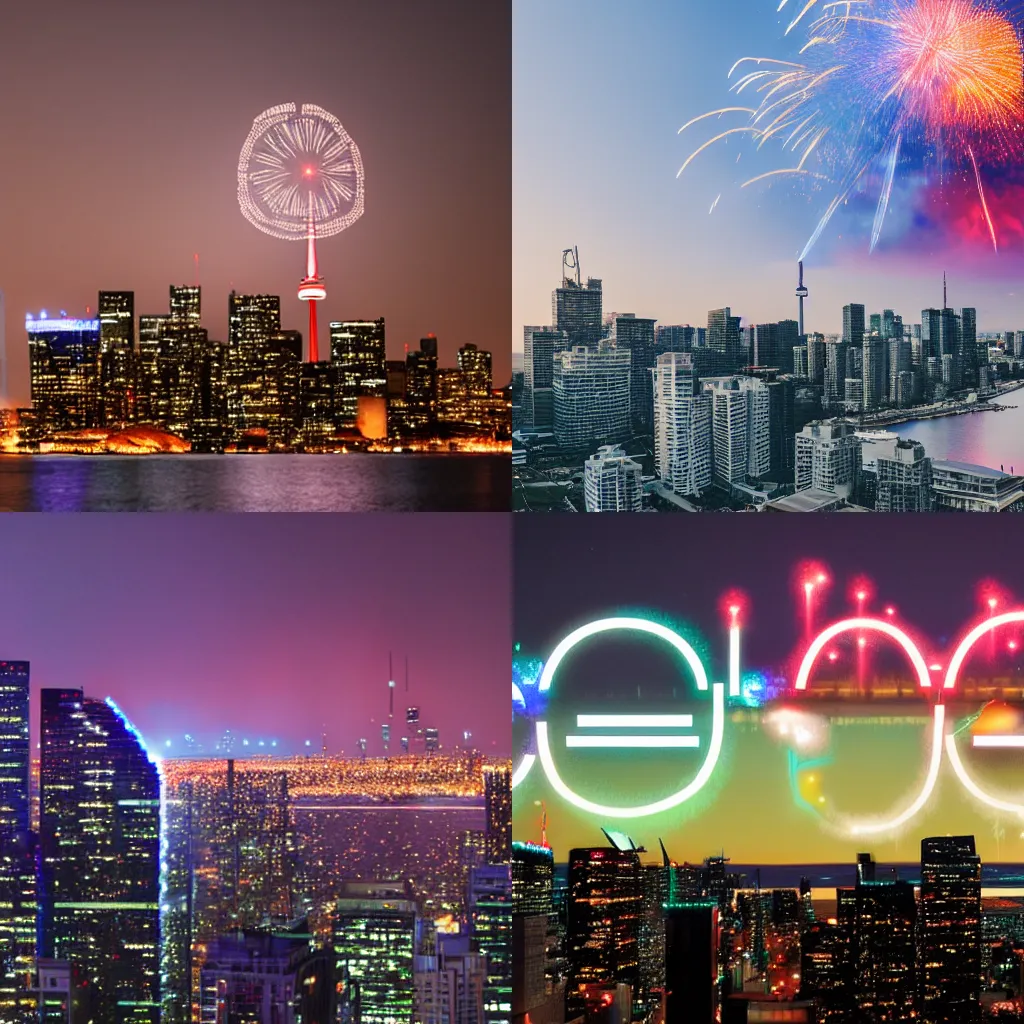 Prompt: The Toronto skyline with Google brain logo written in fireworks