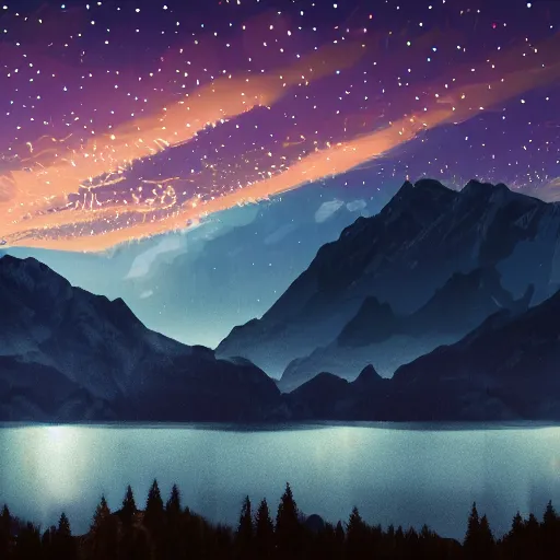 Prompt: montains clouds night sky lake small boat lights unreal engine very detailed photo illustration photorealistic trending on artstation unsplash