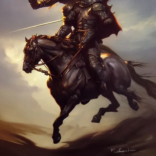 Image similar to knight riding a horse by frank frazetta, dynamic pose, chiaroscuro, fantasy, very detailed, dungeons & dragons, sharp focus, striking, artstation contest winner, detailed