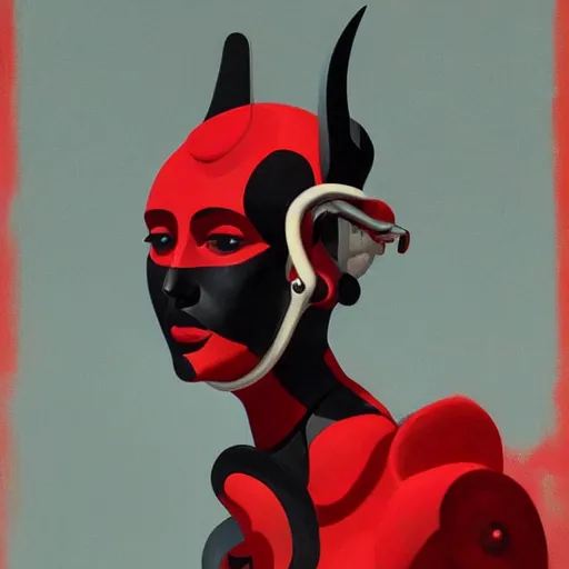 Image similar to Matisse potrait of a demon with black and red robotic parts, medium shot, asymmetrical, profile picture, Organic Painting, sunny day, Matte Painting, bold shapes, hard edges, street art, trending on artstation, by Huang Guangjian and Gil Elvgren and Sachin Teng