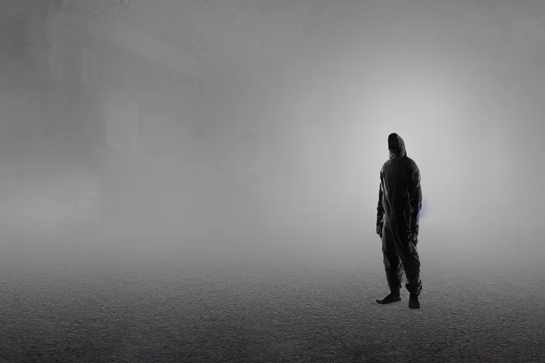 Image similar to a cinematic portrait of a prisoner dressed in a a black and white hazmat suit in a cell, dust storm, lee madgwick and zack snyder, 8 k, hd, high resolution, 8 5 mm, f / 1. 8