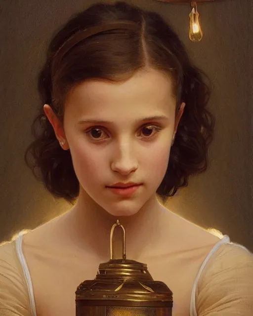 Prompt: a well - lit portrait painting of a shy, blushing 1 6 - year old alicia vikander or millie bobby brown in a leotard with lanterns at night, intricate, elegant, highly detailed, artstation, concept art, by krenz cushart and donato giancola and william adolph bouguereau and alphonse mucha