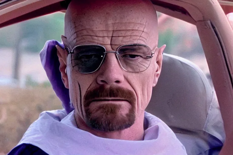 Prompt: walter white as a white gang member wearing a purple head covering made from a polyester or nylon material and a stained white tank top doing a drive - by shooting, arms covered in gang tattoo, paparazzi, leaked footage, uncomfortable, bad quality