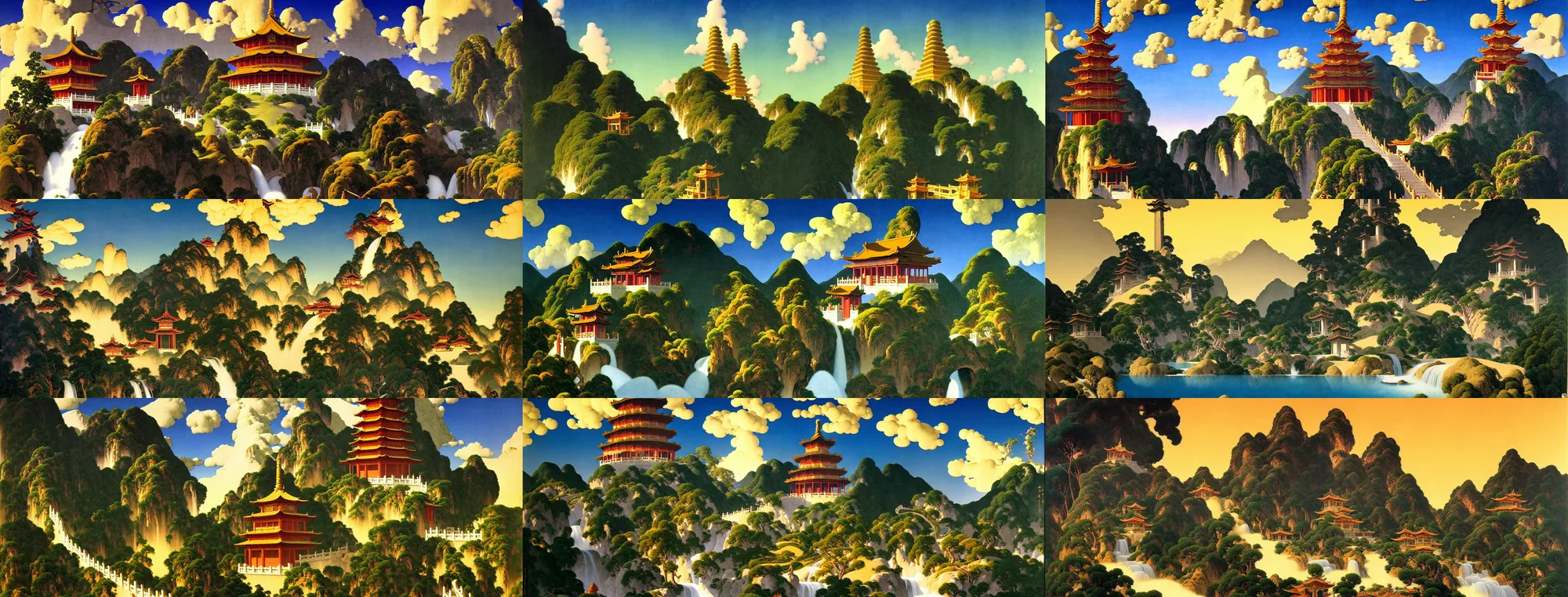 Prompt: a gorgeous painting by maxfield parrish. chinese hanging temple. yungang buddh. the winding steps. stone bridge. clouds in the wind!! ultra clear detailed. 3 d, octane render. water fall farom the mountain.