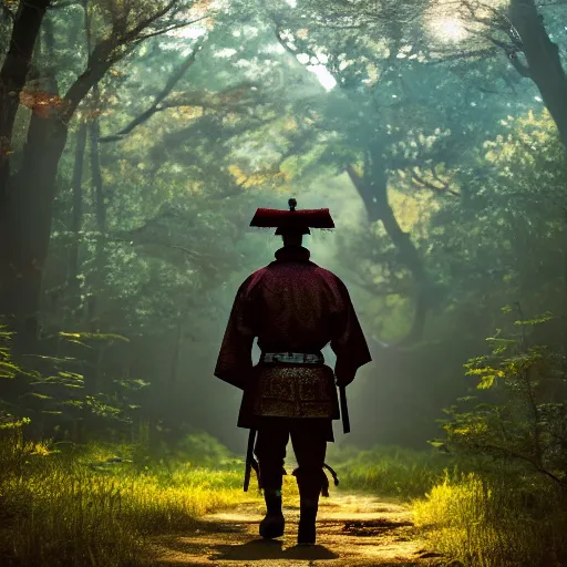 Image similar to a samurai walks alone through the woods at day, bright, sunny, atmospheric, cinematic lighting, intricate detail?