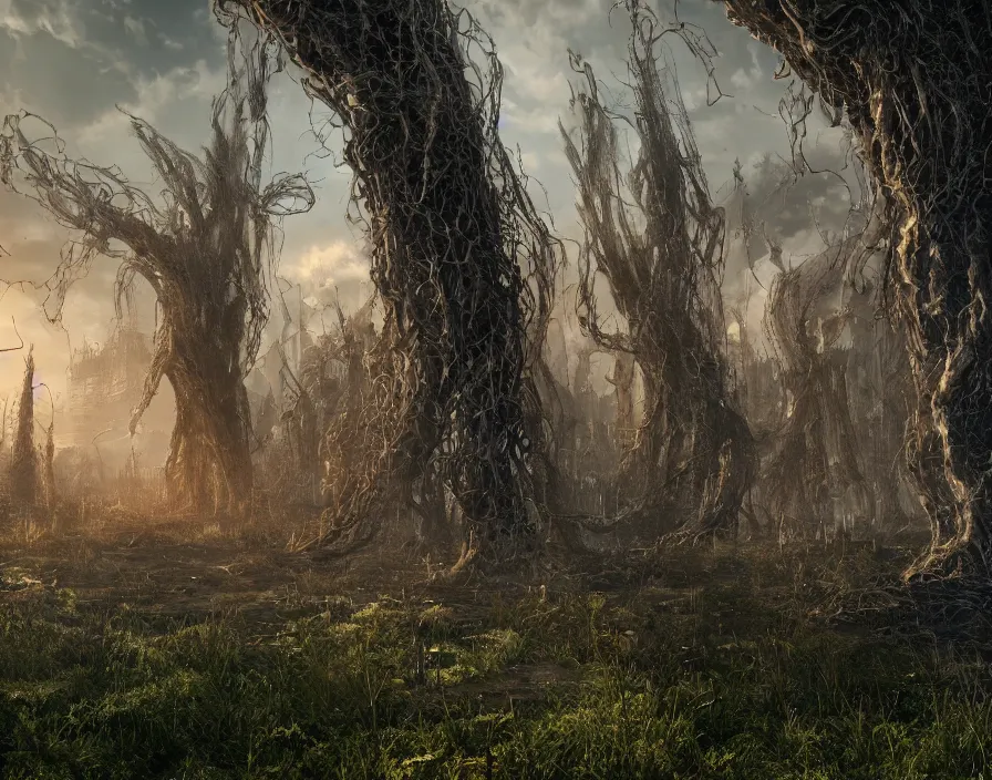 Image similar to giant eldritch weeds in city, realistic, beautiful texture, beautiful graphics, fantasy artwork, very beautiful scenery, hd, hdr, ue 5, ue 6, unreal engine 5, cinematic 4 k wallpaper, 8 k, ultra detailed