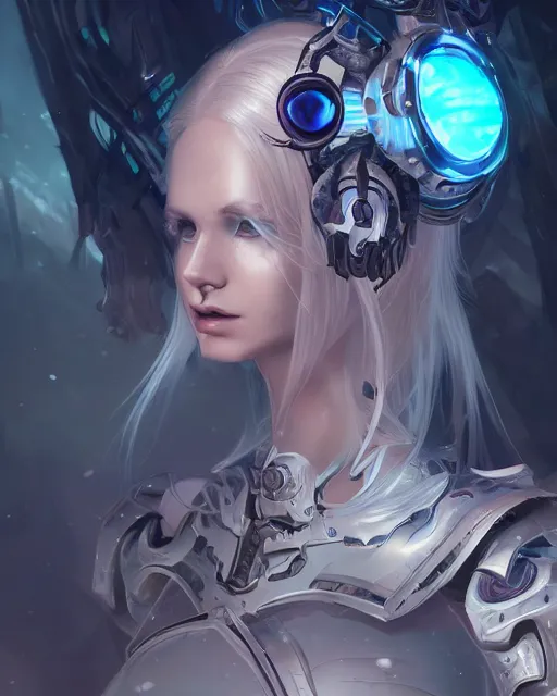 Image similar to holy cyborg necromancer girl, elegant, scifi, futuristic, utopia, garden, illustration, atmosphere, top lighting, blue eyes, white hair, focused, artstation, highly detailed, art by yuhong ding and chengwei pan and serafleur and ina wong