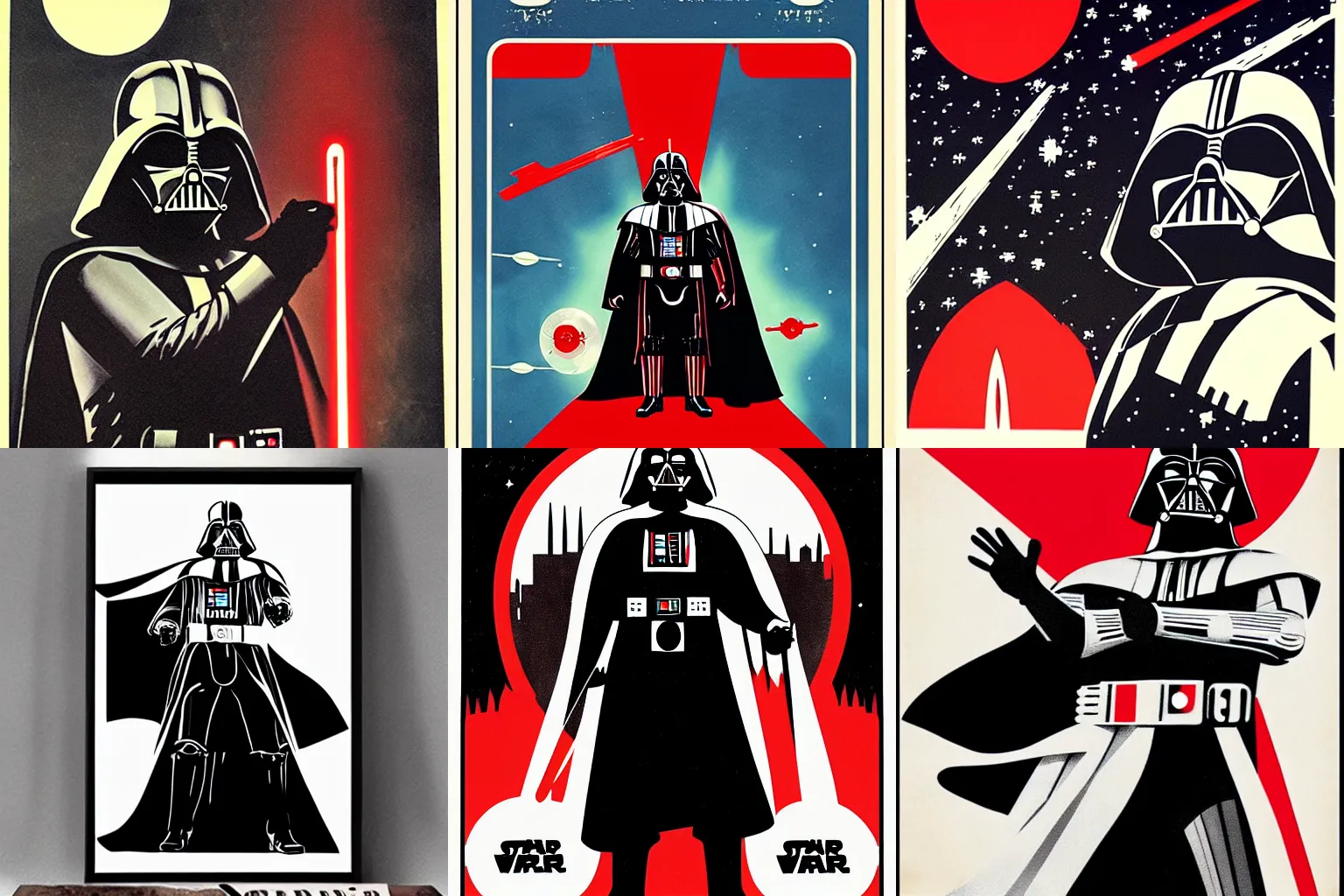 Prompt: Darth Vader in Soviet space propaganda poster