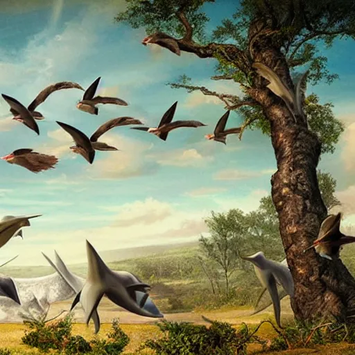 Image similar to a flock of pterodon sitting in a tree, paleo art, realistic, detailled, epic