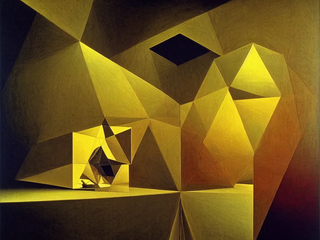 Image similar to hyperrealistic still life portrait of a mind exploding inside of a serene temple, beautiful plans, sacred geometry, light refracting through prisms in a tesseract, by Caravaggio, botanical print, surrealism, vivid colors, serene, golden ratio, rule of thirds, negative space, minimalist composition