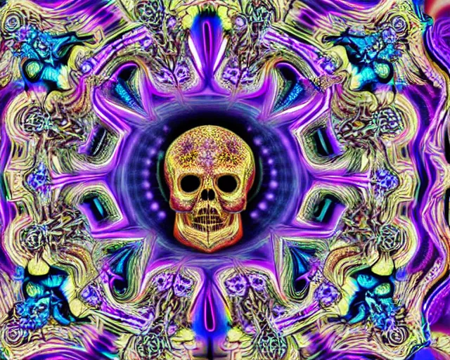 Image similar to skull fractals, digital art, psychedelic skulls