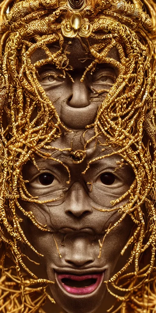 Prompt: hyperrealism, detailed textures, photorealistic japanese medusa queen, intricate, detailed facial animal mask, golden jewelery, japanese style, ultra realistic, cinematic, intricate, cinematic light, unreal engine 8 k