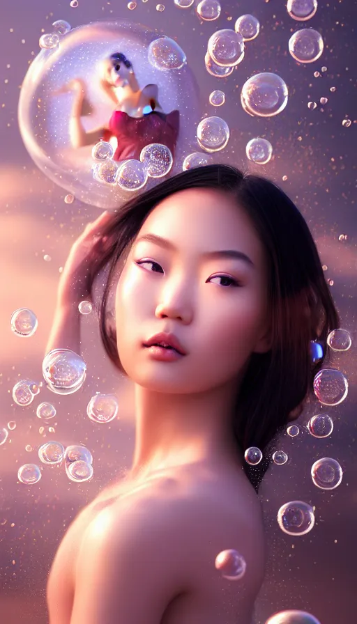 Image similar to photo of a gorgeous young asian girl , searching for eternity, cloud goddess, duality, far away dreams in bubbles in the style of stefan kostic, hyper realistic, sharp focus, 8k high definition, high fashion, vogue, insanely detailed, intricate, elegant, art by stanley lau and artgerm