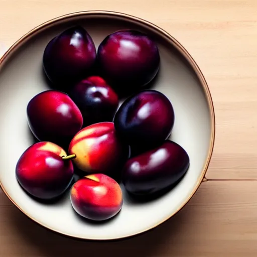 Image similar to concept art drawing of a single thick porcelain bowl filled with a few moist freshly picked plums on a wooden table. volumetric lighting. small scale. artistic. top down.