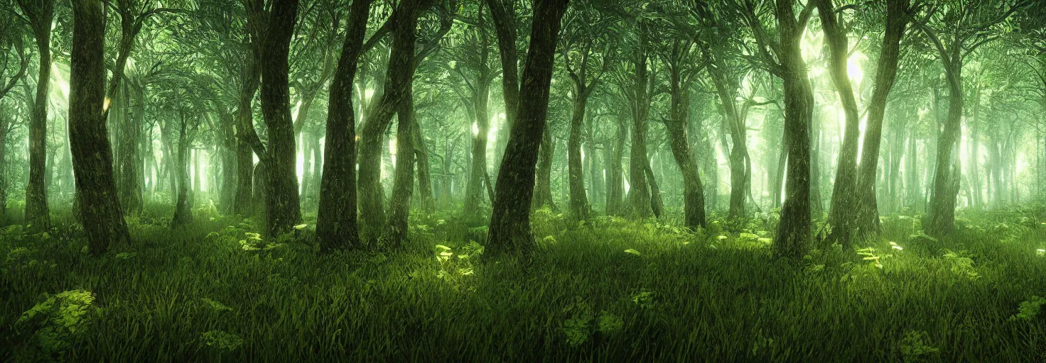 Image similar to a forest with glowing plants, wide shot, cinematic, ultra realistic, ultra detailed