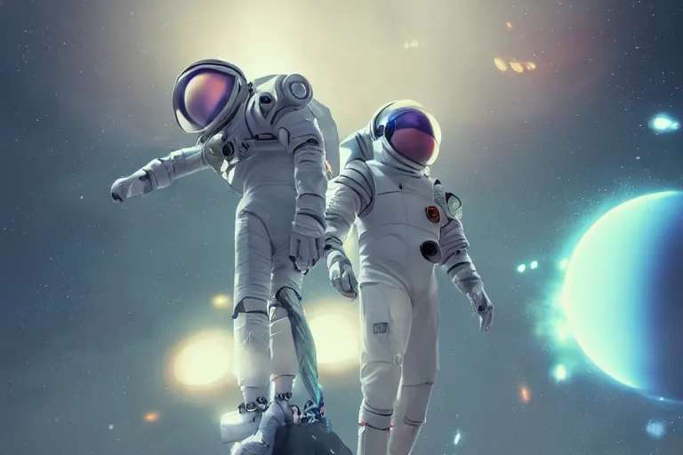 Prompt: futuristic astronaut chasing a distant spaceship Anime, wide angle, fine details, cinematic. colorful galaxy starscape. realistic shaded lighting by Ilya Kuvshinov Giuseppe Dangelico Pino and Michael Garmash and Rob Rey greg rutkowski, octane render, IAMAG premiere, aaaa achievement collection, bullet traces, cinematic hologram, fabulous, daily deviation, annual award winner