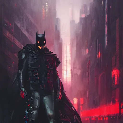 Prompt: cyberpunk batman, red bat, moody, futuristic, city background, brush strokes, oil painting, greg rutkowski