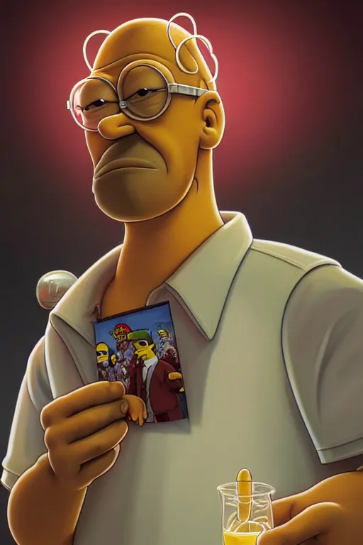 Prompt: clear portrait of moe from the simpsons, cottagecore!!, mafia background hyper detailed, character concept, full body, dynamic pose, intricate, criminal appearance, highly detailed, digital painting, artstation, concept art, smooth, sharp focus, illustration, art by artgerm and greg rutkowski and alphonse mucha