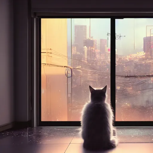 Image similar to Big european shorthair cat and small fluffy kitten from the back in the apartment room looking to window in a cyberpunk city, soft god rays from city lights outside the window, unreal engine 5, soft neon atmosphere, photorealistic, soothing colors, somber melancholic matte painting, hyperrealism, hyperrealistic, cinematic masterpiece, cyberpunk style 8k ultrahd octane render