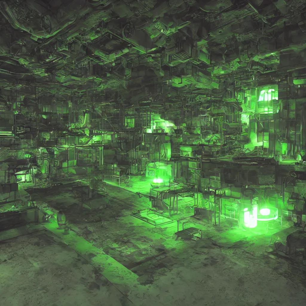 Prompt: secret under ground base with a green glowing uranium tank, octane render, xray melting colors