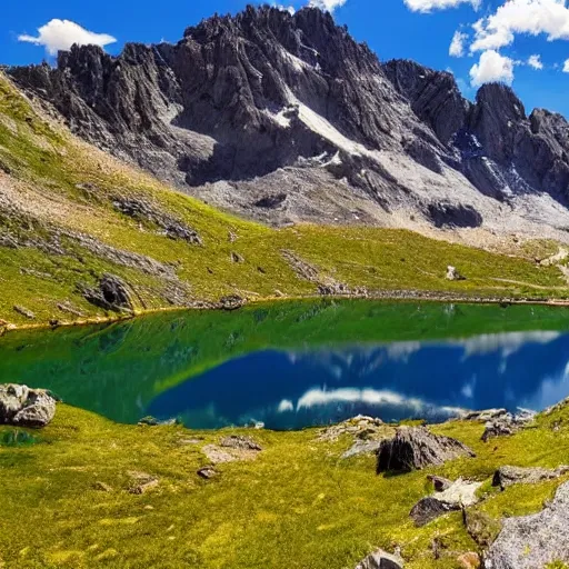 Image similar to beautiful still lake with reflective water,rocks in water, low mountains and beautiful far clouds