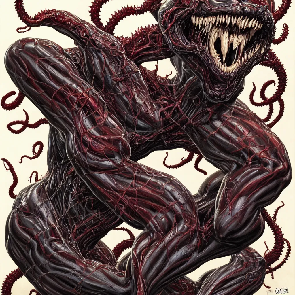 Image similar to anatomically acurate full body long shot venom from marvel comics!!!!, large mouth with teeth, lovecraftian horror!, surrealism, fantasy, intricate, elegant, highly detailed, digital painting, artstation, concept art, matte, sharp focus, illustration, art by glenn fabry