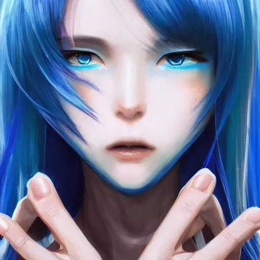 Image similar to full face shot of rimuru tempest, sky blue straight hair, long bangs, with amber eyes, wearing a black jacket, high collar, ultra detailed, concept art, award winning photography, digital painting, cinematic, wlop artstation, closeup, pixiv, evil, yoshitaka amano, andy warhol, ilya kuvshinov,