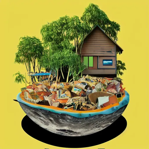 Image similar to a picture of a floating island with a house on it, an album cover by Justin Currie, polycount, plasticien, made of plastic, concert poster, made of trash