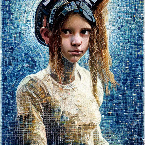 Image similar to mosaic portrait of a beautiful young girl with robot ears falling into the universe by greg rutkowski, 4k, intricate details, dichotomy