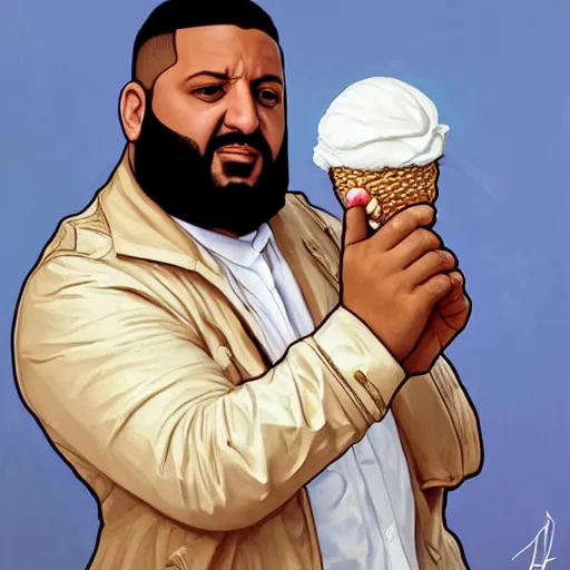 Prompt: portrait of DJ Khaled holding ice cream cone with large scoop of ice cream as a Grand Theft Auto Cover, elegant, intricate, headshot, highly detailed, digital painting, artstation, concept art, sharp focus, illustration, art by artgerm and greg rutkowski and alphonse mucha