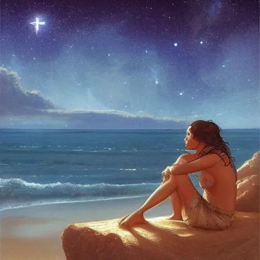 Prompt: hawaiian woman [ sitting on a brightly illuminated beach ]!! under the radiant stars, back view!!, illuminated by the stars, high fantasy art, illustrative, digital art, 3 d modeling, light painting, golden ratio!!, illustrated by greg rutkowski, gaston bussiere, and max hay