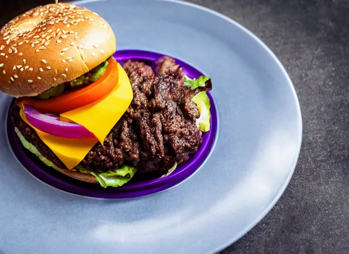 Image similar to dslr food photograph of a hamburger, thanos holding the plate 8 5 mm f 1. 8