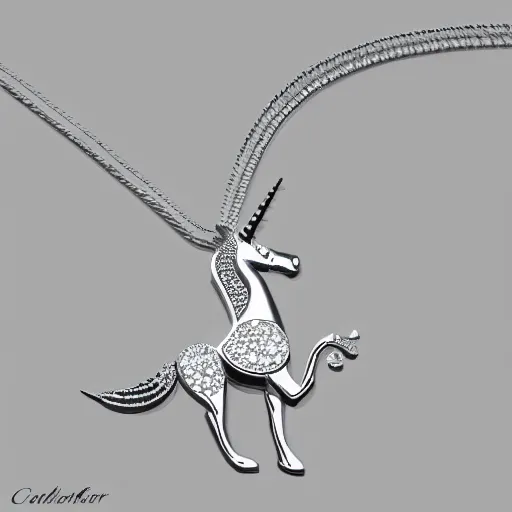 Image similar to a lovely silver cartoon unicorn necklace pendant, 3 d rendering, pandora style, tiffany style, swarovski style, van cleef & arpels style, cartier style, boucheron style, bulgari style, chaumet style, elegant, noble, stylish