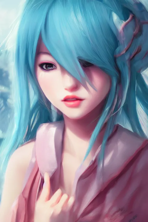 Image similar to beautiful, miku, digital painting, portrait , cinematic lighting, highly detailed, concept art, Atmosphere, illustration, smooth, sharp focus, editor's pickup, trending on artstation, trending on deviantart, WLOP