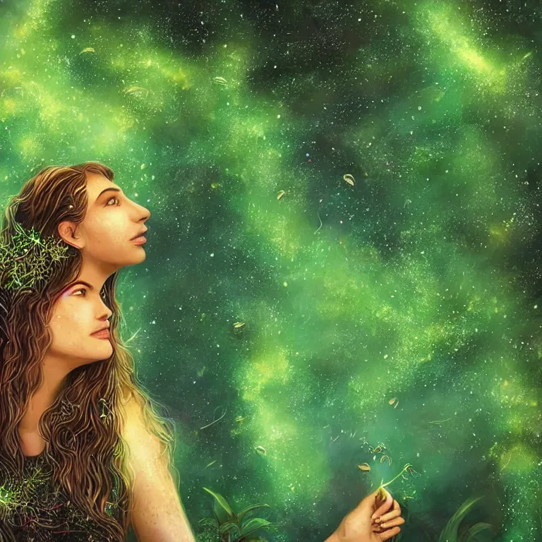 Image similar to beautiful portrait of a single woman with fireflies and stars in her hair, blooming green slopes and lianas in the background, highly detailed, hdr, 8 k resolution, fantasy art, trending on instagram