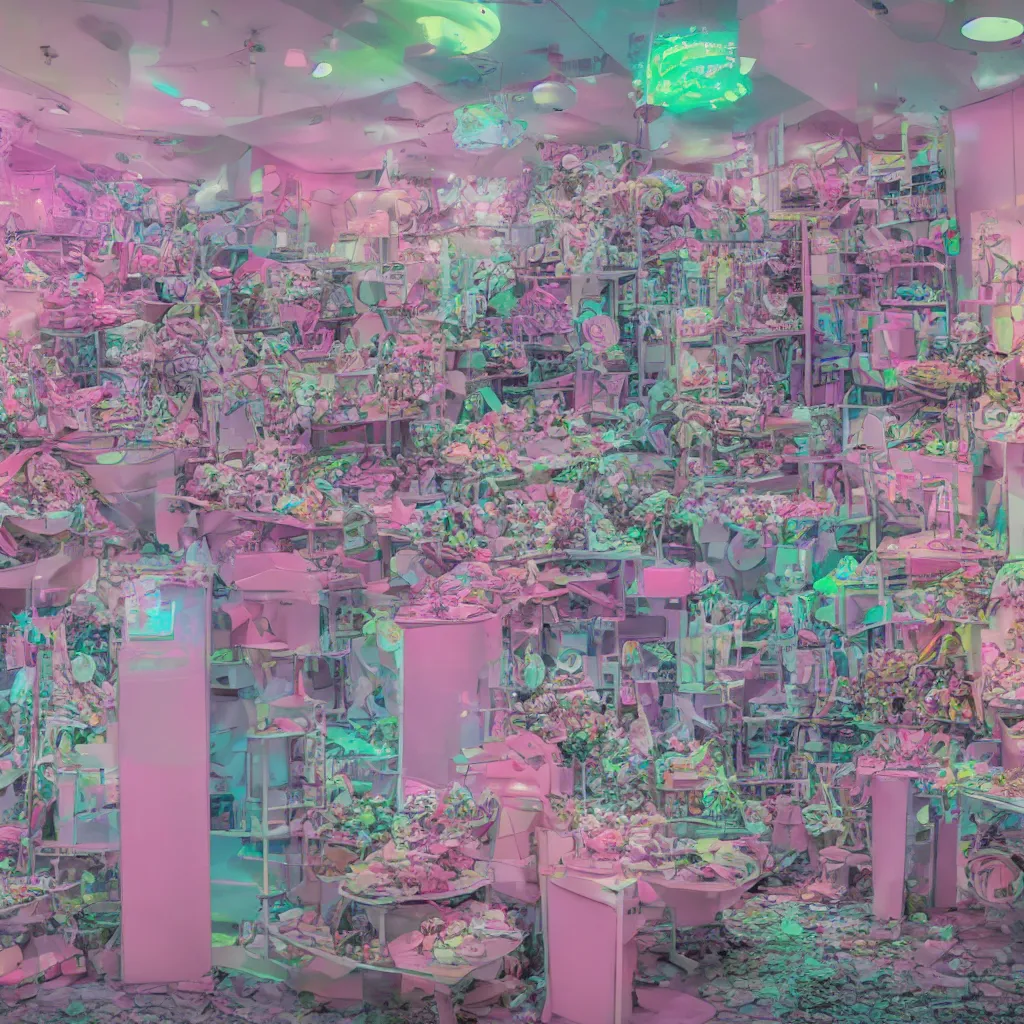 Prompt: futuristic, pastel colors, hd 8 k, digital design, abandoned, overgrown, candy shop in a mall