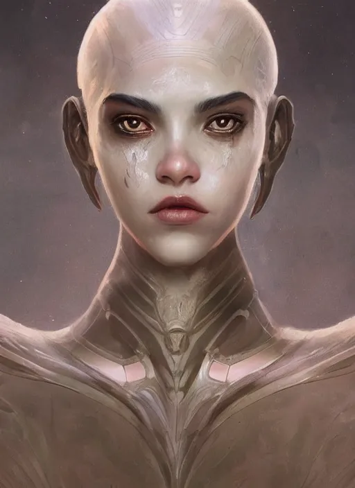 Image similar to a professional painting of a beautiful young female alien, clothed in ethereal armor, olive skin, long dark hair, beautiful bone structure, symmetrical facial features, intricate, elegant, digital painting, concept art, smooth, sharp focus, illustration, from Valerian and the City of a Thousand Planets, by Ruan Jia and Mandy Jurgens and Artgerm and William-Adolphe Bouguerea