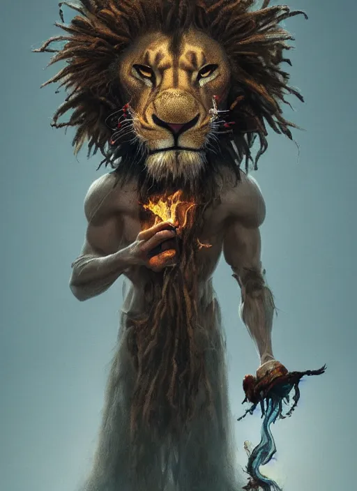 Image similar to an anthropomorphic beautiful male wizard made of lion portrait blowing fire wearing stripes robe, dreadlock breed hair, fine art, award winning, intricate, elegant, sharp focus, octane render, hyperrealistic, cinematic lighting, highly detailed, digital painting, 8 k concept art, art by jamie hewlett and z. w. gu, masterpiece, trending on artstation, 8 k