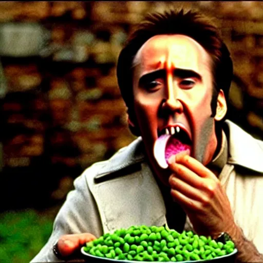 Image similar to nicolas cage drowning mouth full of peas, movie still, the wicker man