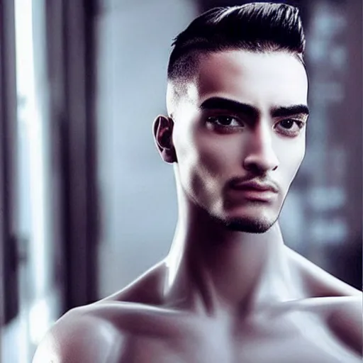 Image similar to “a realistic detailed photo of a guy who is an attractive humanoid who is half robot and half humanoid, who is a male android, Maluma, shiny skin, posing like a statue, blank stare”