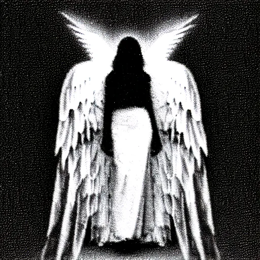 Image similar to vhs static overlay of angel apparition, vhs, 1 9 9 0, beautiful, highly realistic, highly detailed, vhs noise static, black and white, vhs glitch