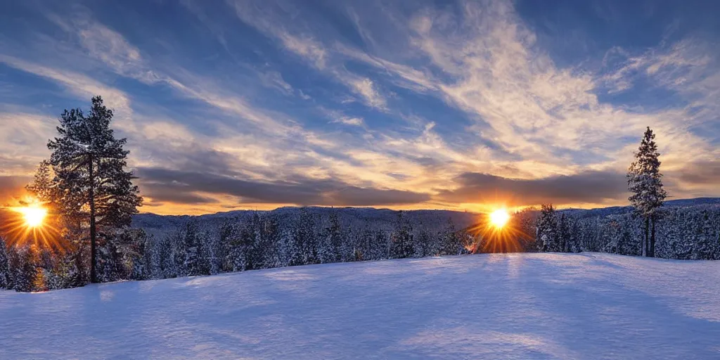 Image similar to a beautiful landscape, sun rises between two snowy mountains, art by phillipp urlich
