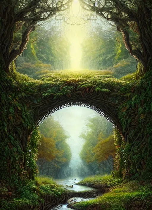 Prompt: book cover!!!!!!!!!!!!, old bridge, ivy leaves graphic vectors at each border, fantasy forest landscape, fantasy magic, light night, intricate, elegant, sharp focus, illustration, highly detailed,, art by wlop and artgerm and ivan shishkin and andrey shishkin, masterpiece