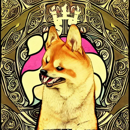 Image similar to portrait of happy laughing shiba inu with a background in the style of mucha. detailed. hd