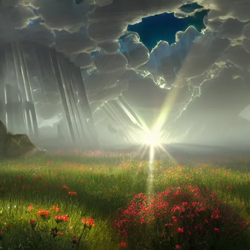 Image similar to rhythmic interval tectonic surfaces as resonant waves of harmonic organic mystical megastructure crystal lattice architectures exploding with light and god rays in a meadow full of wildflowers by albert bierstadt, by glen small, by giovanni battista piranesi, photorealistic, god rays, octane render, depth of field, volumetric light, volumetric fog, holy spirit