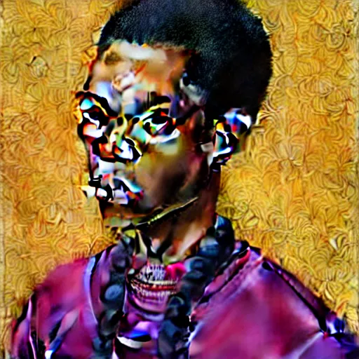 Prompt: A portrait of a scrawny stylish and alluring non-binary person, oil painting by Kehinde Wiley, majestic, detailed, high resolution