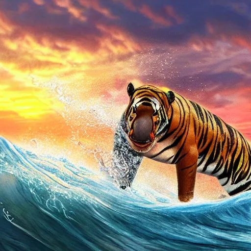 Prompt: a closeup photorealistic render of a cute smiling tiger hippopotamus riding a large wave during sunset. surf in the background. intricate stitching. professional capture. brightly lit scene. this 4 k hd image is trending on artstation, featured on behance, well - rendered, extra crisp, features intricate detail, epic composition and the style of unreal engine.