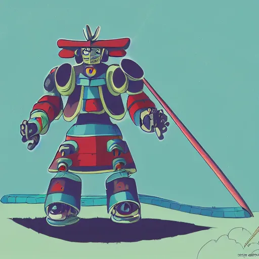 Image similar to A cell animation of a samurai robot playing guitar, Nausicaa of the Valley of the Wind, Miyazaki Hayao, ghibli style, illustration, azure tones, vintage colors, anime, trending on artstation